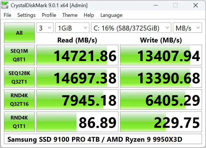CrystalDiskMark 官方运行界面实测